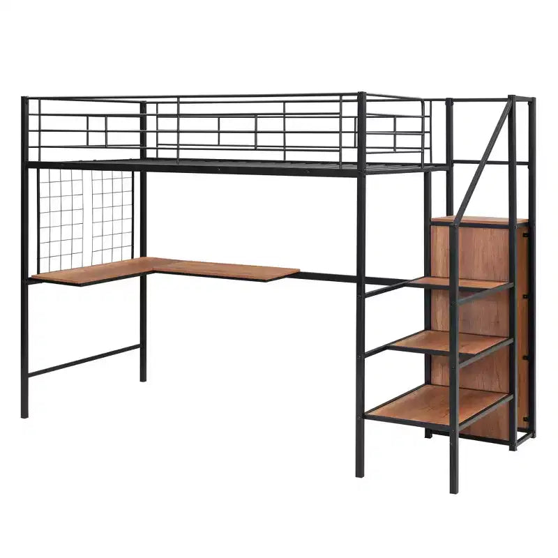 Lit mezzanine en métal de taille double avec bureau et grille métallique, lit élégant en métal avec échelle de rangement et armoire