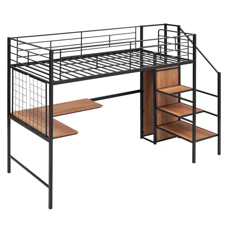 Lit mezzanine en métal de taille double avec bureau et grille métallique, lit élégant en métal avec échelle de rangement et armoire