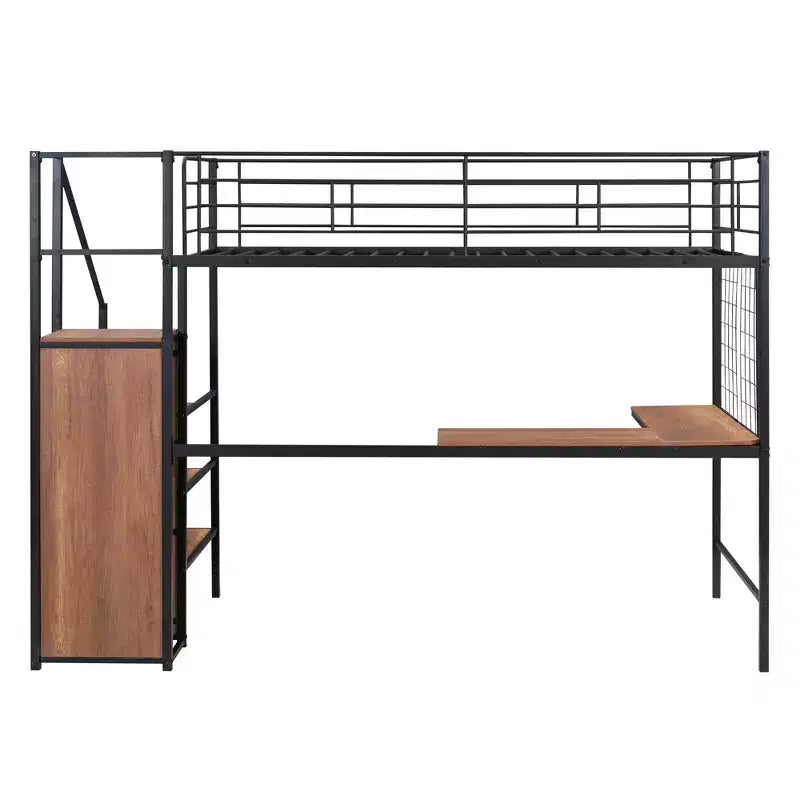 Lit mezzanine en métal de taille double avec bureau et grille métallique, lit élégant en métal avec échelle de rangement et armoire