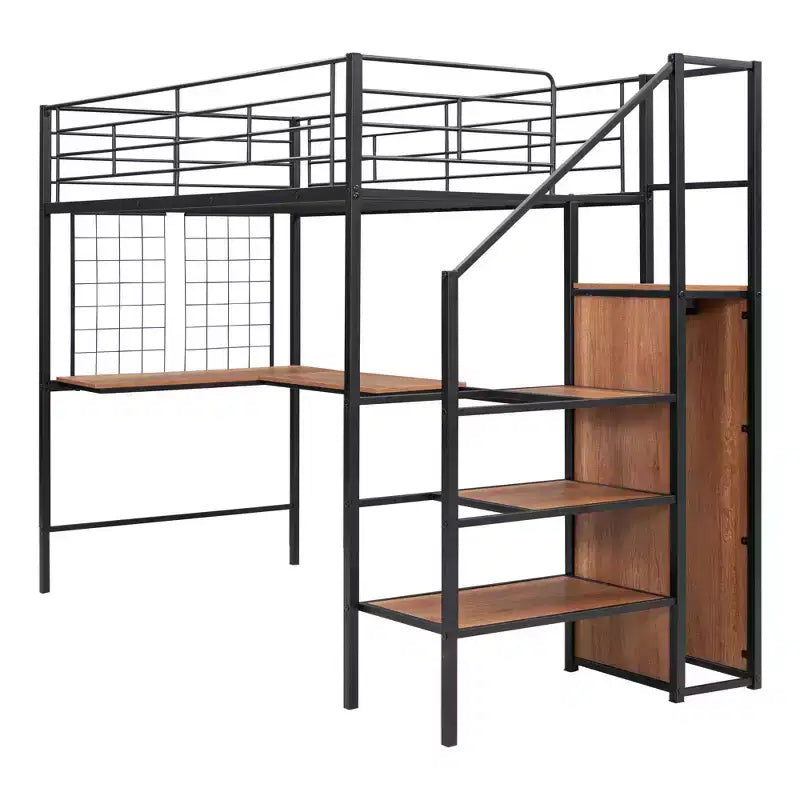 Lit mezzanine en métal de taille double avec bureau et grille métallique, lit élégant en métal avec échelle de rangement et armoire