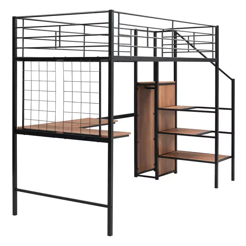 Lit mezzanine en métal de taille double avec bureau et grille métallique, lit élégant en métal avec échelle de rangement et armoire