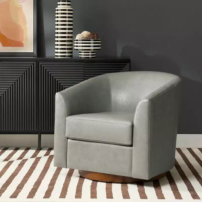 Fauteuil pivotant à 360 degrés en cuir véritable avec piètement en bois massif