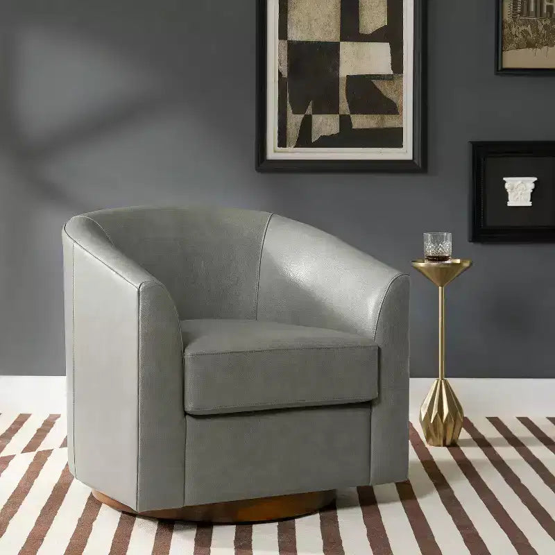 Fauteuil pivotant à 360 degrés en cuir véritable avec piètement en bois massif