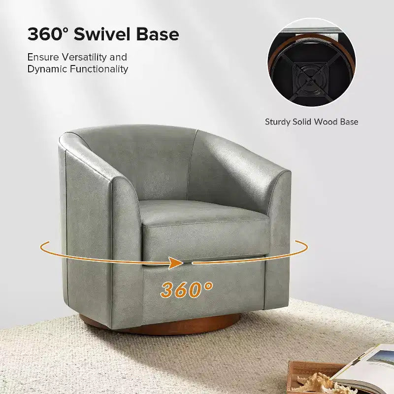 Fauteuil pivotant à 360 degrés en cuir véritable avec piètement en bois massif