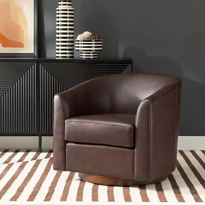 Fauteuil pivotant à 360 degrés en cuir véritable avec piètement en bois massif
