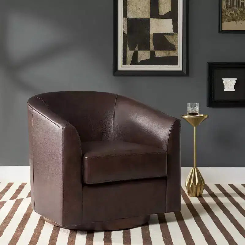 Fauteuil pivotant à 360 degrés en cuir véritable avec piètement en bois massif