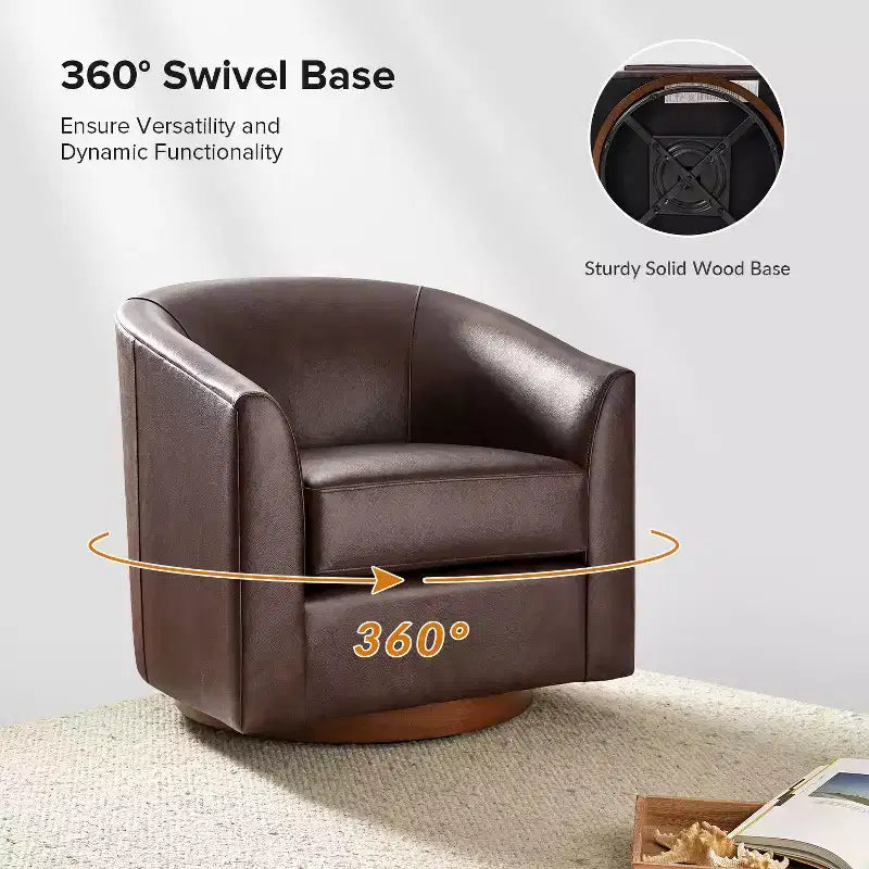 Fauteuil pivotant à 360 degrés en cuir véritable avec piètement en bois massif