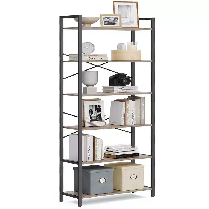 Étagère à 6 niveaux, Grande bibliothèque avec cadre en acier, Étagère profonde pour bureau, salon