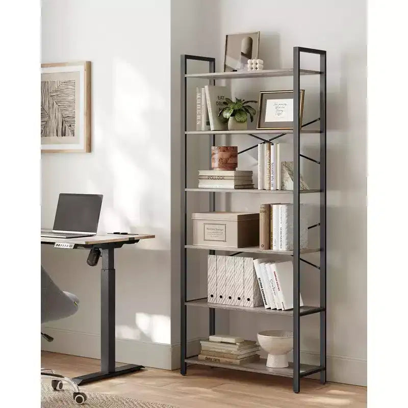 Étagère à 6 niveaux, Grande bibliothèque avec cadre en acier, Étagère profonde pour bureau, salon