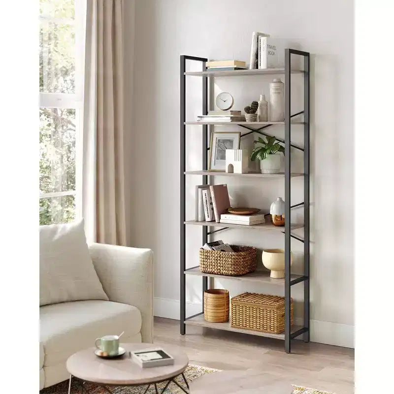 Étagère à 6 niveaux, Grande bibliothèque avec cadre en acier, Étagère profonde pour bureau, salon