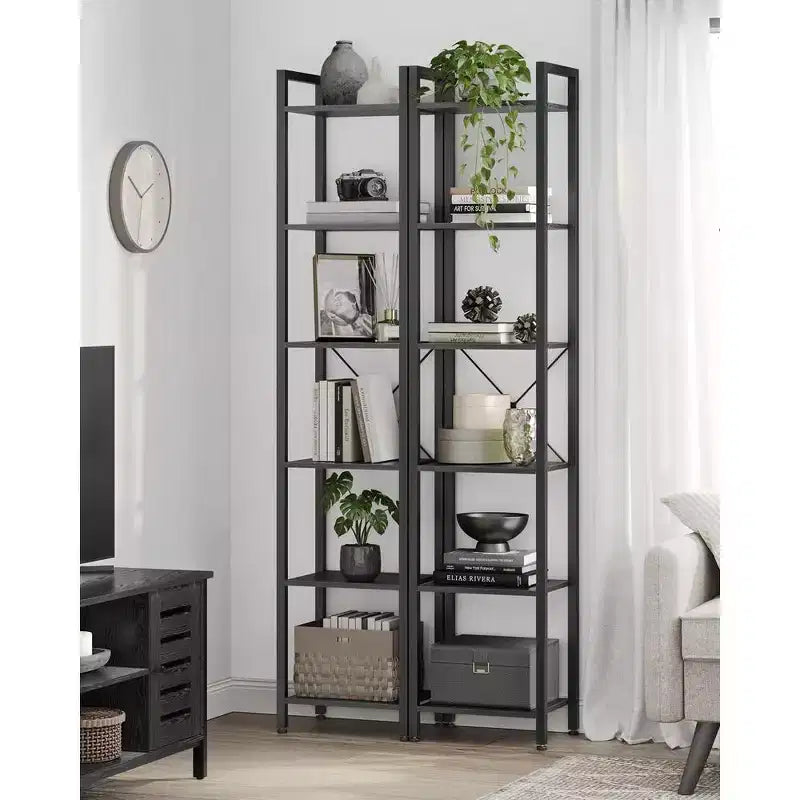 Étagère à 6 niveaux, Grande bibliothèque avec cadre en acier, Étagère profonde pour bureau, salon