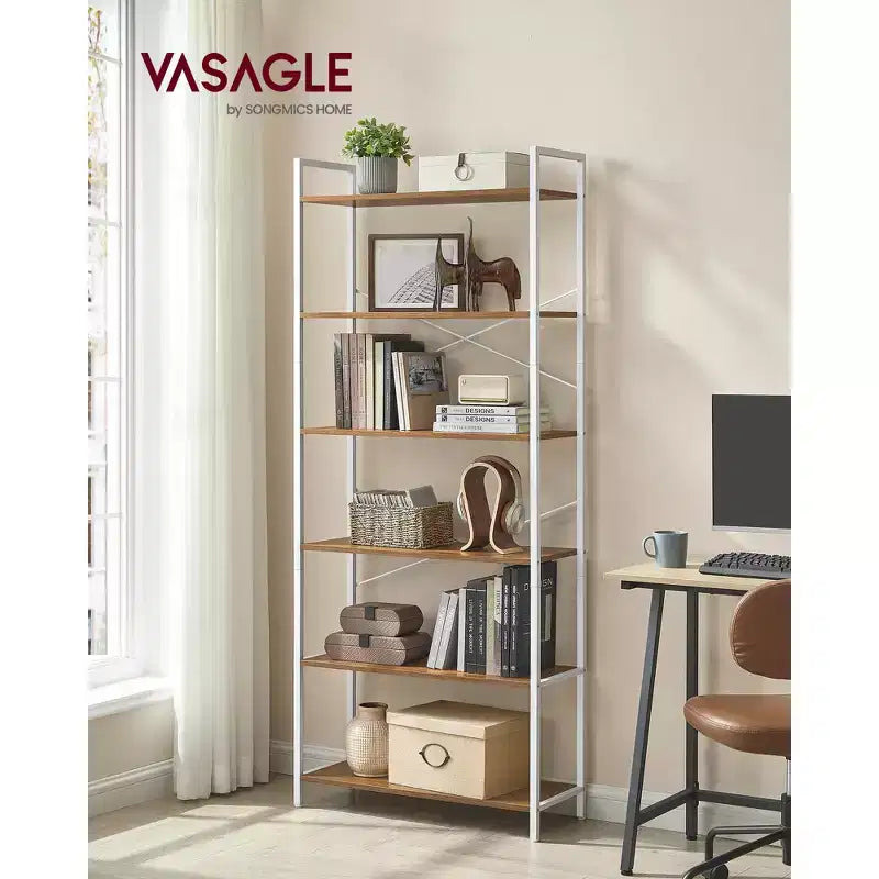 Étagère à 6 niveaux, Grande bibliothèque avec cadre en acier, Étagère profonde pour bureau, salon