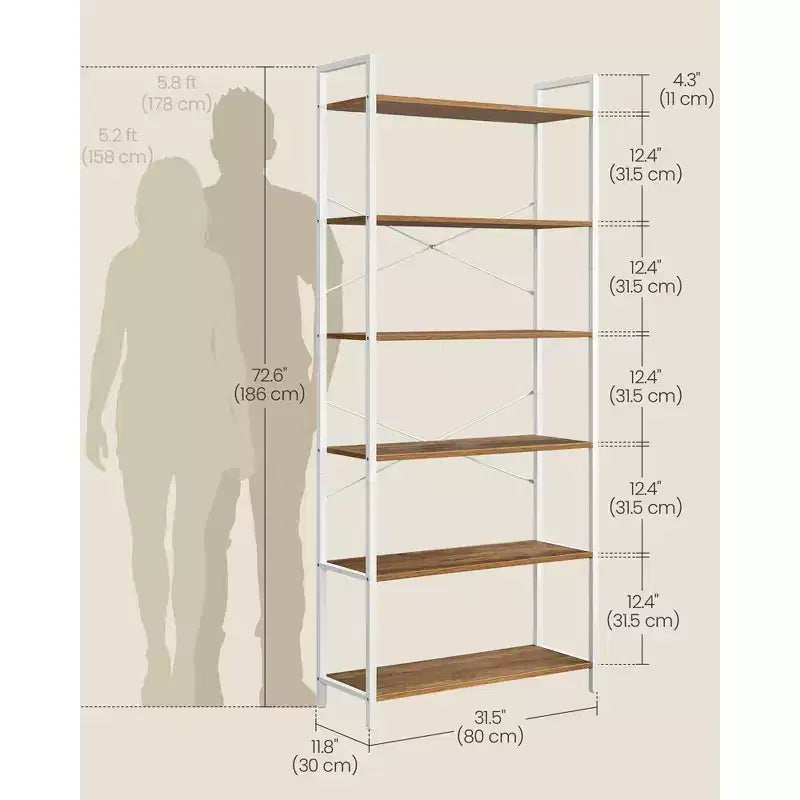 Étagère à 6 niveaux, Grande bibliothèque avec cadre en acier, Étagère profonde pour bureau, salon
