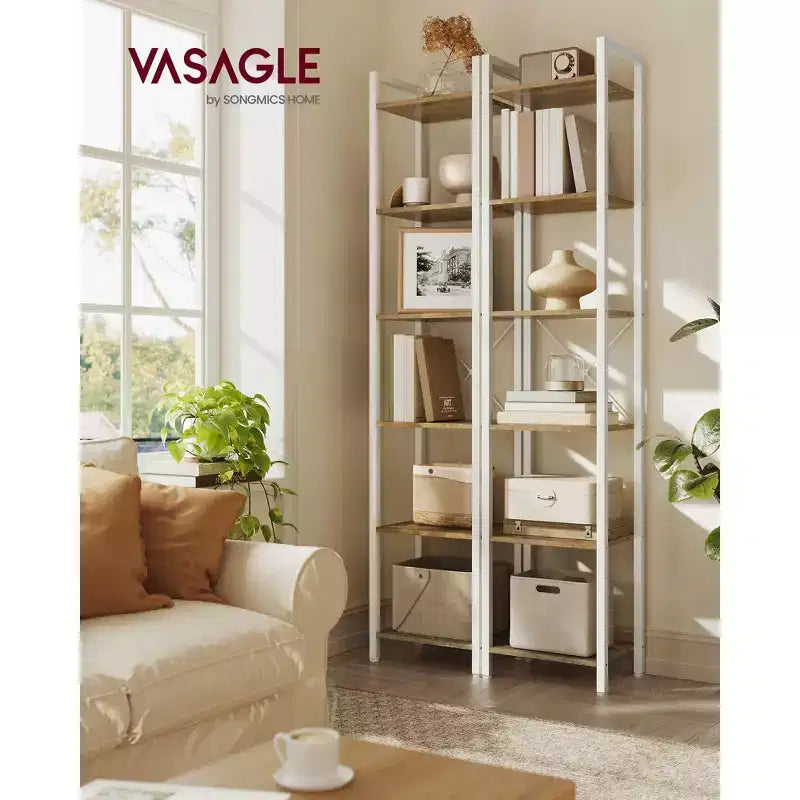 Étagère à 6 niveaux, Grande bibliothèque avec cadre en acier, Étagère profonde pour bureau, salon