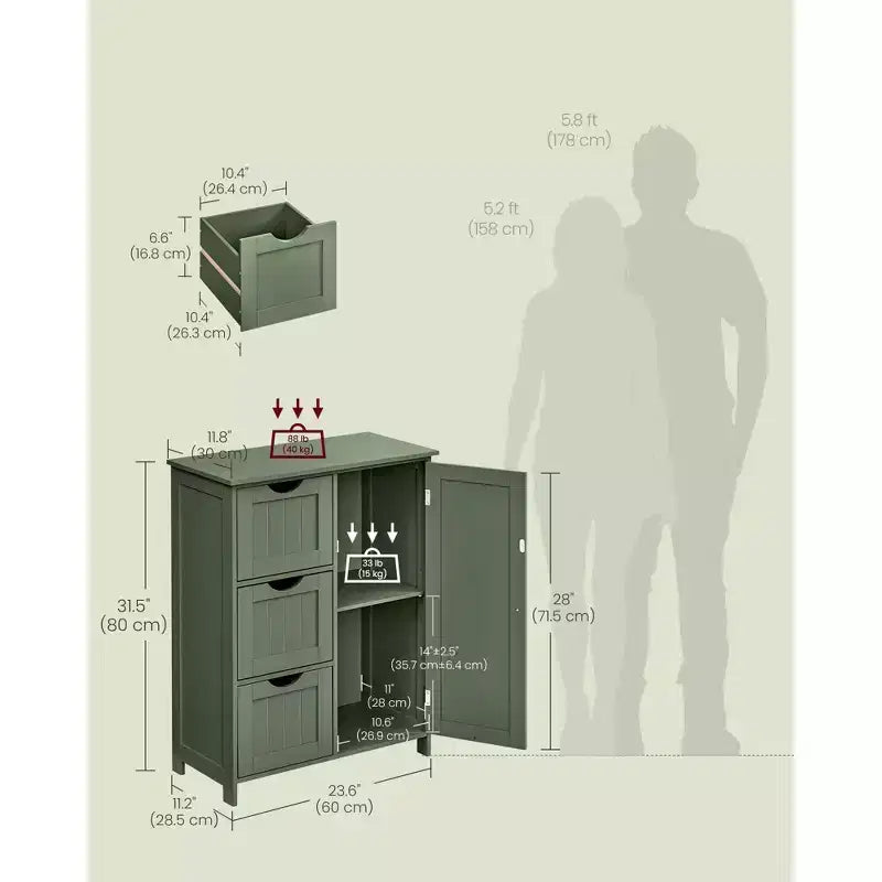 Meuble de rangement au sol pour salle de bain, meuble de salle de bain autoportant, avec 3 grands tiroirs et 1 étagère réglable, 30 x 60 x 81 cm