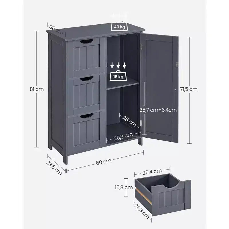 Meuble de rangement au sol pour salle de bain, meuble de salle de bain autoportant, avec 3 grands tiroirs et 1 étagère réglable, 30 x 60 x 81 cm