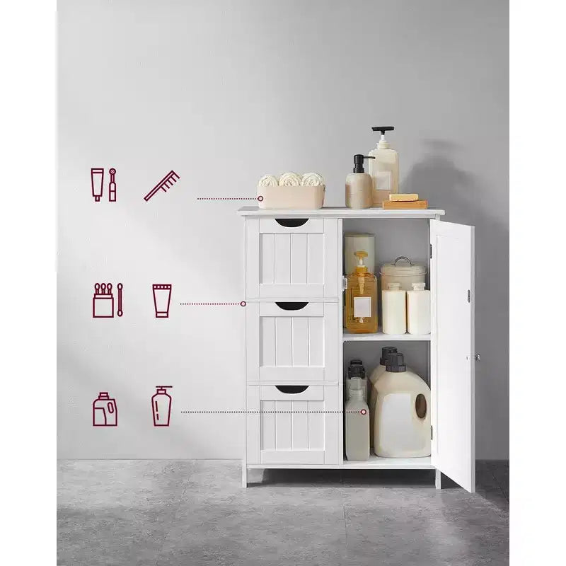 Meuble de rangement au sol pour salle de bain, meuble de salle de bain autoportant, avec 3 grands tiroirs et 1 étagère réglable, 30 x 60 x 81 cm