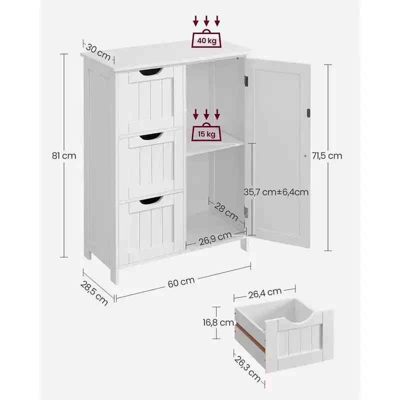 Meuble de rangement au sol pour salle de bain, meuble de salle de bain autoportant, avec 3 grands tiroirs et 1 étagère réglable, 30 x 60 x 81 cm