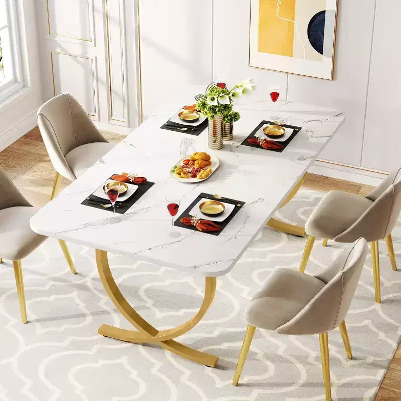 Table de salle à manger de 160 cm pour 4 personnes, Table de cuisine rectangulaire avec pieds en métal