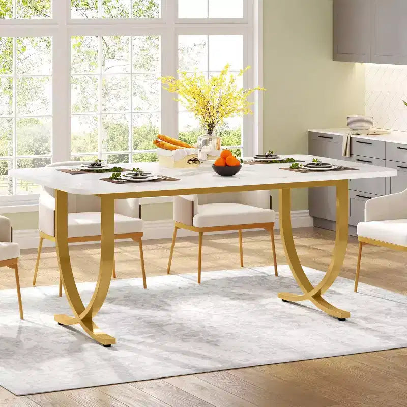 Table de salle à manger de 160 cm pour 4 personnes, Table de cuisine rectangulaire avec pieds en métal