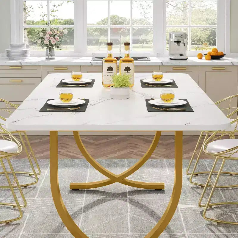 Table de salle à manger de 160 cm pour 4 personnes, Table de cuisine rectangulaire avec pieds en métal