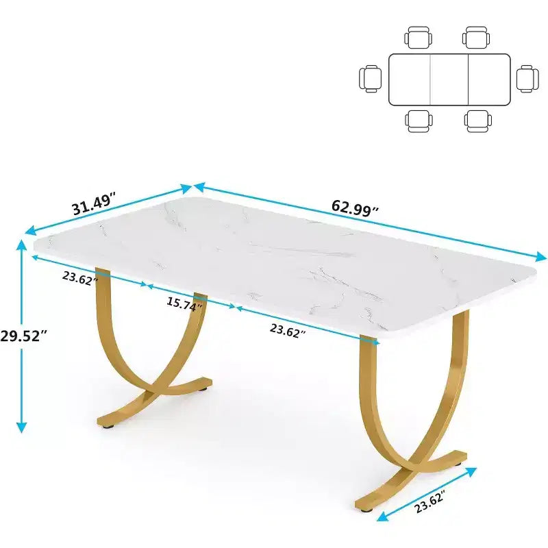 Table de salle à manger de 160 cm pour 4 personnes, Table de cuisine rectangulaire avec pieds en métal