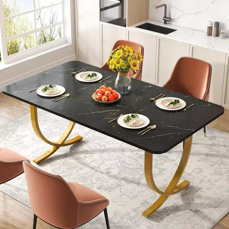 Table de salle à manger de 160 cm pour 4 personnes, Table de cuisine rectangulaire avec pieds en métal