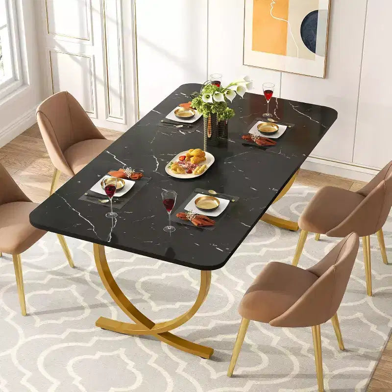 Table de salle à manger de 160 cm pour 4 personnes, Table de cuisine rectangulaire avec pieds en métal
