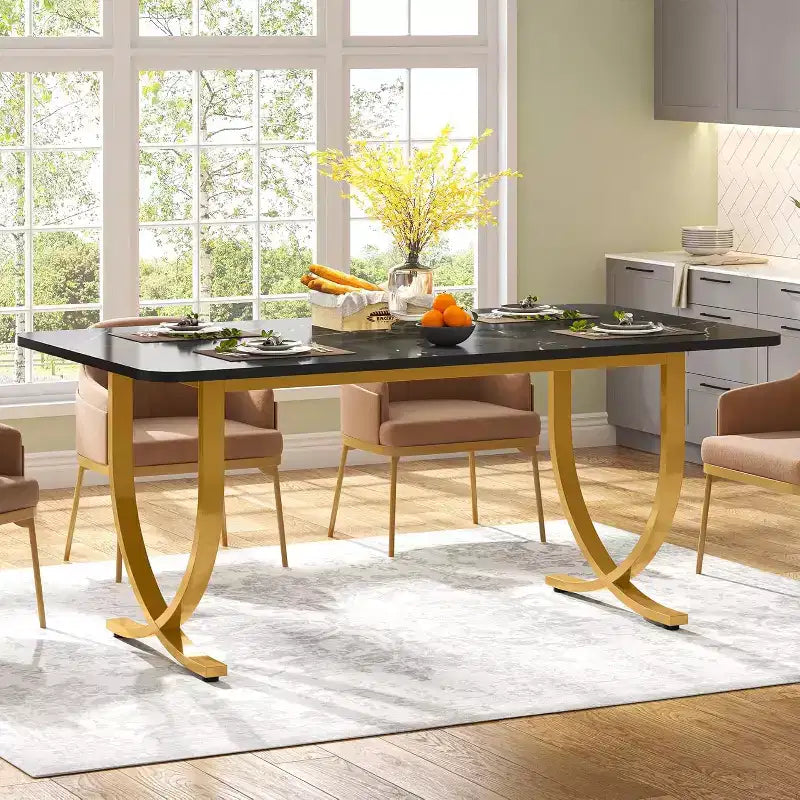 Table de salle à manger de 160 cm pour 4 personnes, Table de cuisine rectangulaire avec pieds en métal