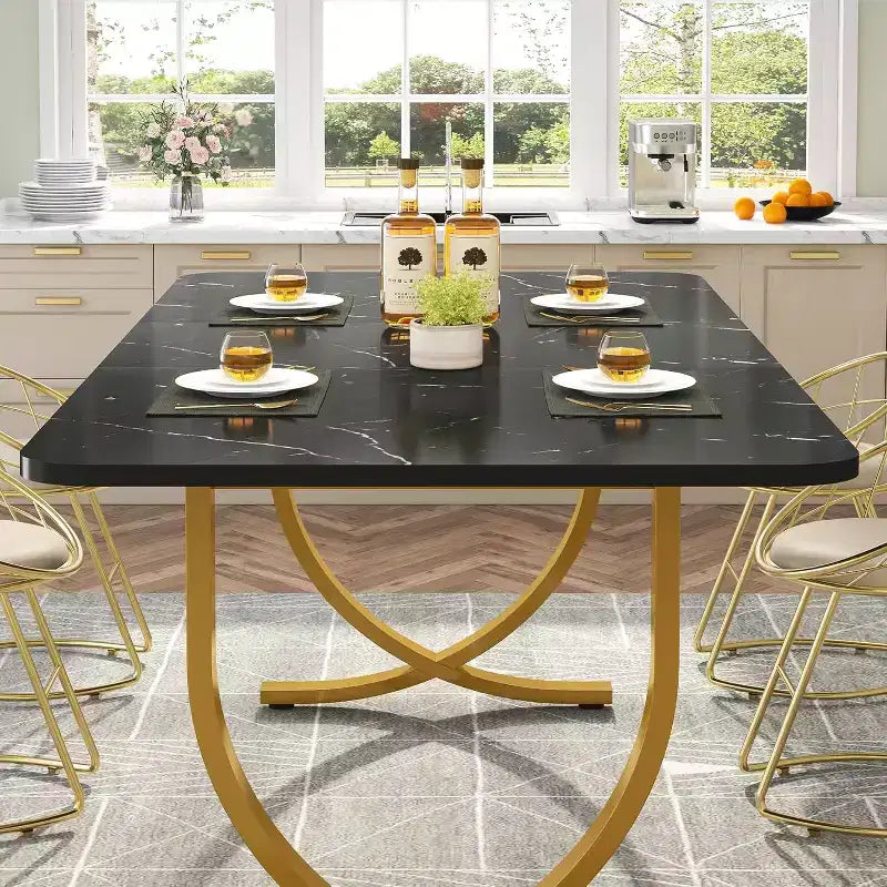 Table de salle à manger de 160 cm pour 4 personnes, Table de cuisine rectangulaire avec pieds en métal