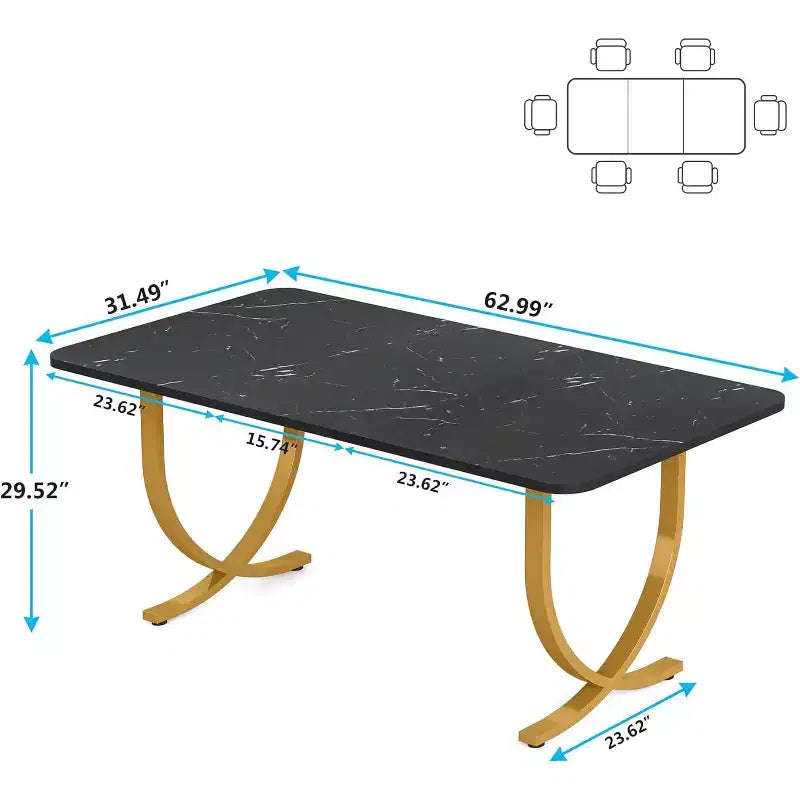 Table de salle à manger de 160 cm pour 4 personnes, Table de cuisine rectangulaire avec pieds en métal