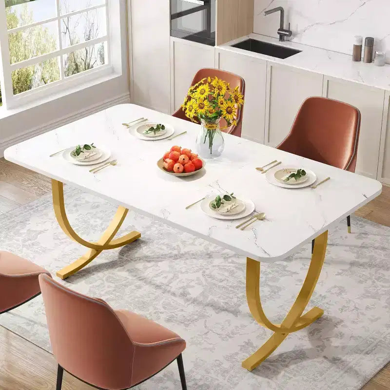 Table de salle à manger de 160 cm pour 4 personnes, Table de cuisine rectangulaire avec pieds en métal