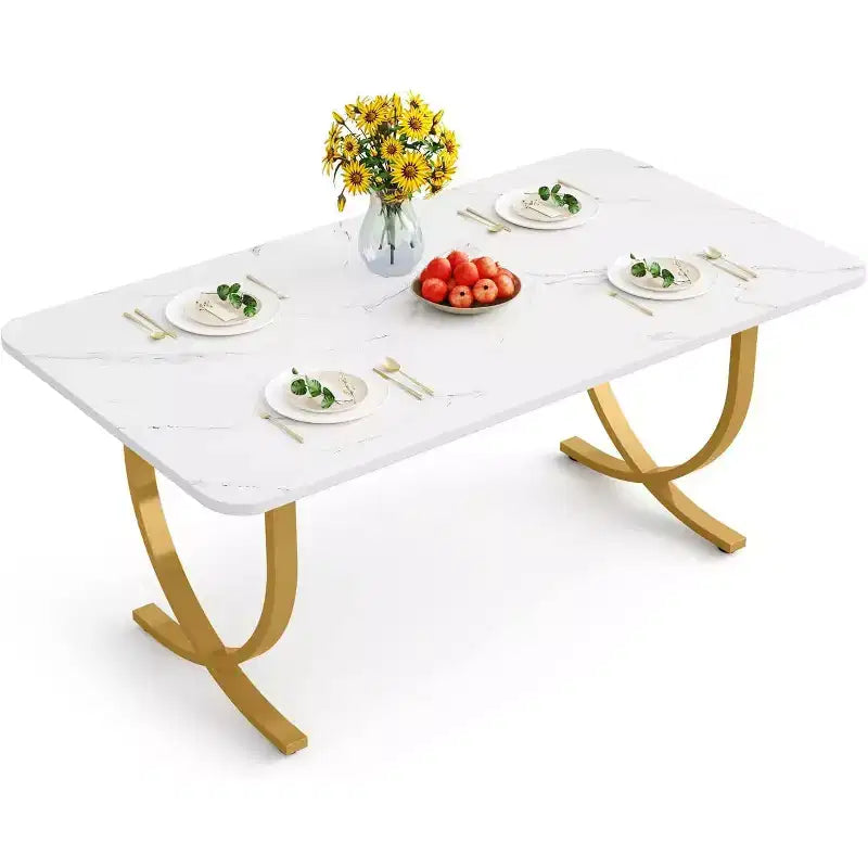Table de salle à manger de 160 cm pour 4 personnes, Table de cuisine rectangulaire avec pieds en métal
