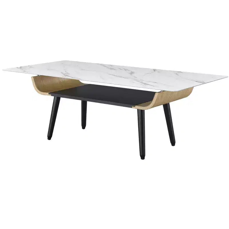Table basse rectangulaire moderne avec plateau en faux marbre et compartiment de rangement ouvert