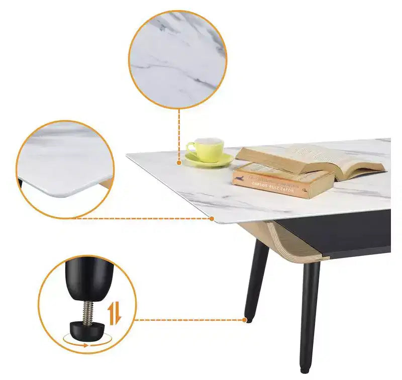 Table basse rectangulaire moderne avec plateau en faux marbre et compartiment de rangement ouvert