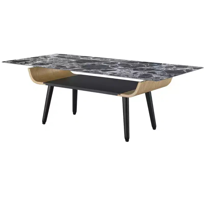 Table basse rectangulaire moderne avec plateau en faux marbre et compartiment de rangement ouvert