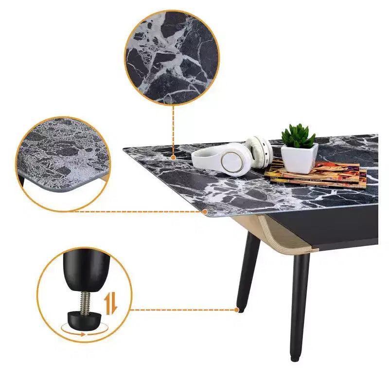 Table basse rectangulaire moderne avec plateau en faux marbre et compartiment de rangement ouvert