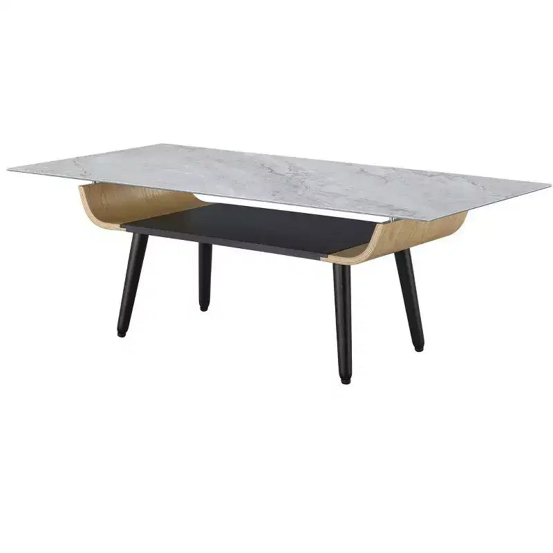Table basse rectangulaire moderne avec plateau en faux marbre et compartiment de rangement ouvert