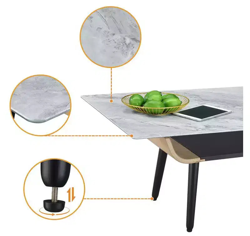Table basse rectangulaire moderne avec plateau en faux marbre et compartiment de rangement ouvert