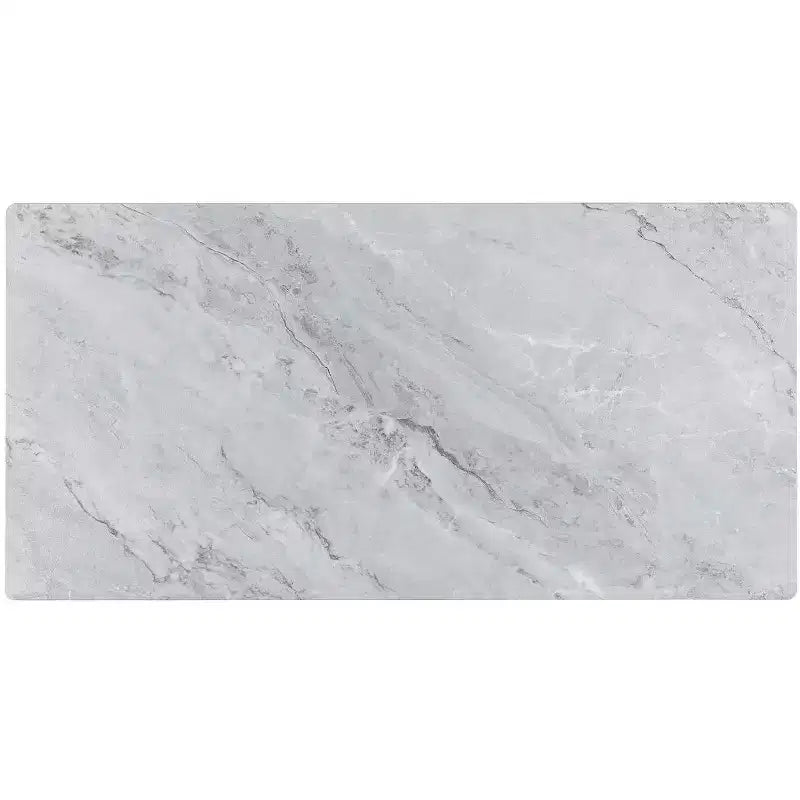 Table basse rectangulaire moderne avec plateau en faux marbre et compartiment de rangement ouvert