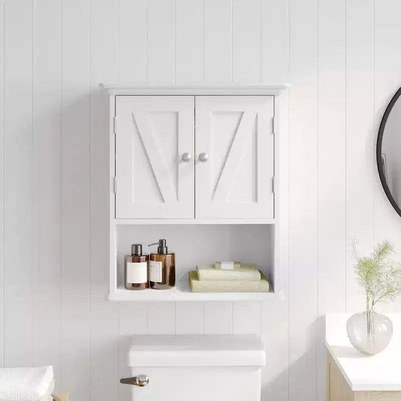 Armoire à pharmacie murale pour salle de bain avec portes à fermeture magnétique, étagère réglable et étagère inférieure ouverte