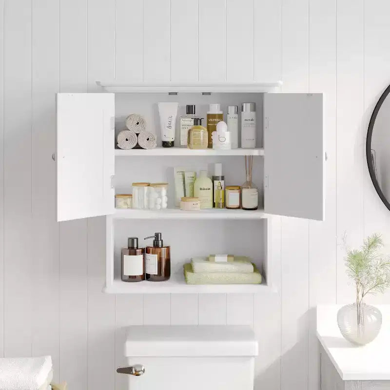 Armoire à pharmacie murale pour salle de bain avec portes à fermeture magnétique, étagère réglable et étagère inférieure ouverte