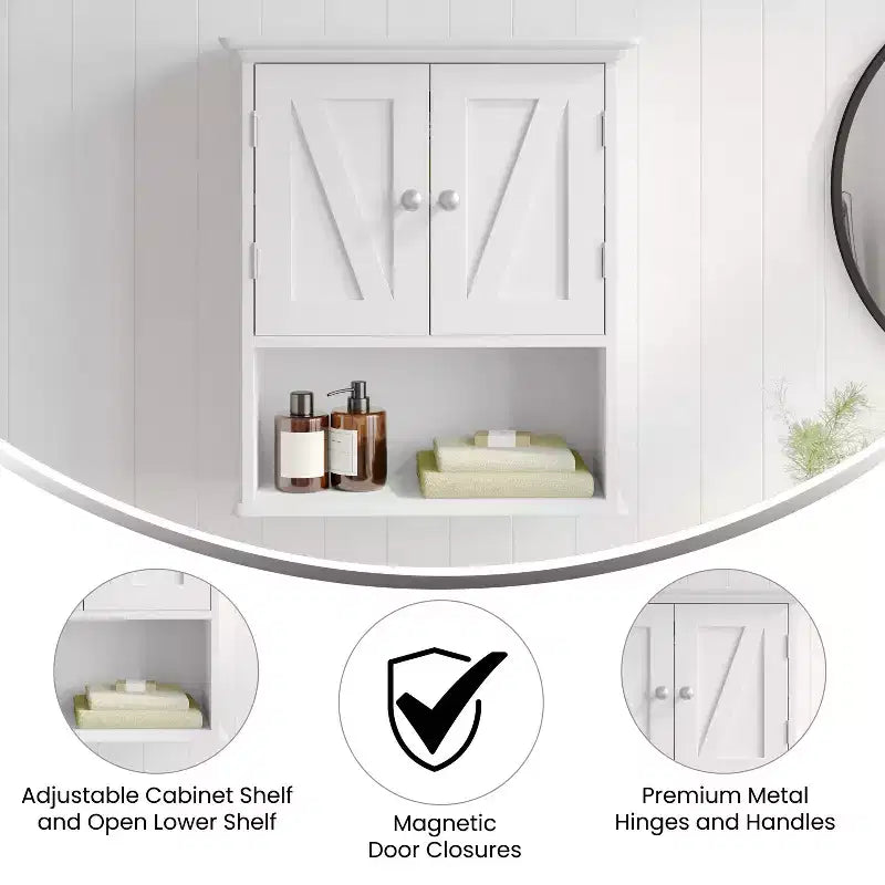 Armoire à pharmacie murale pour salle de bain avec portes à fermeture magnétique, étagère réglable et étagère inférieure ouverte