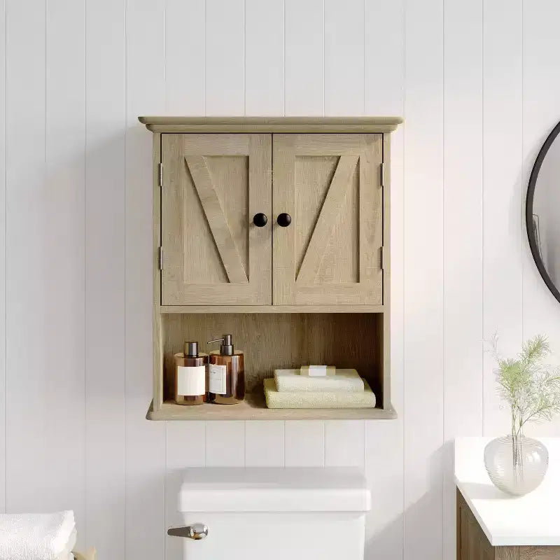 Armoire à pharmacie murale pour salle de bain avec portes à fermeture magnétique, étagère réglable et étagère inférieure ouverte