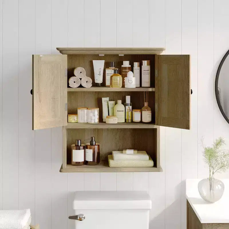 Armoire à pharmacie murale pour salle de bain avec portes à fermeture magnétique, étagère réglable et étagère inférieure ouverte