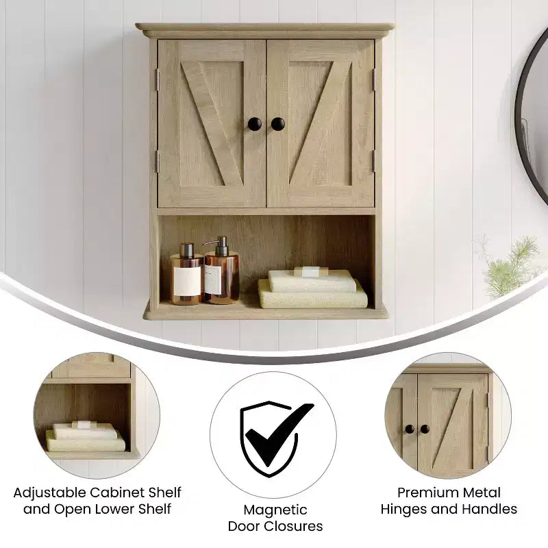 Armoire à pharmacie murale pour salle de bain avec portes à fermeture magnétique, étagère réglable et étagère inférieure ouverte