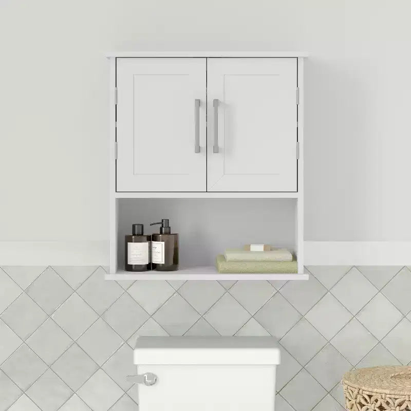 Armoire à pharmacie murale pour salle de bain avec étagère intérieure réglable, étagère inférieure ouverte et portes à fermeture magnétique