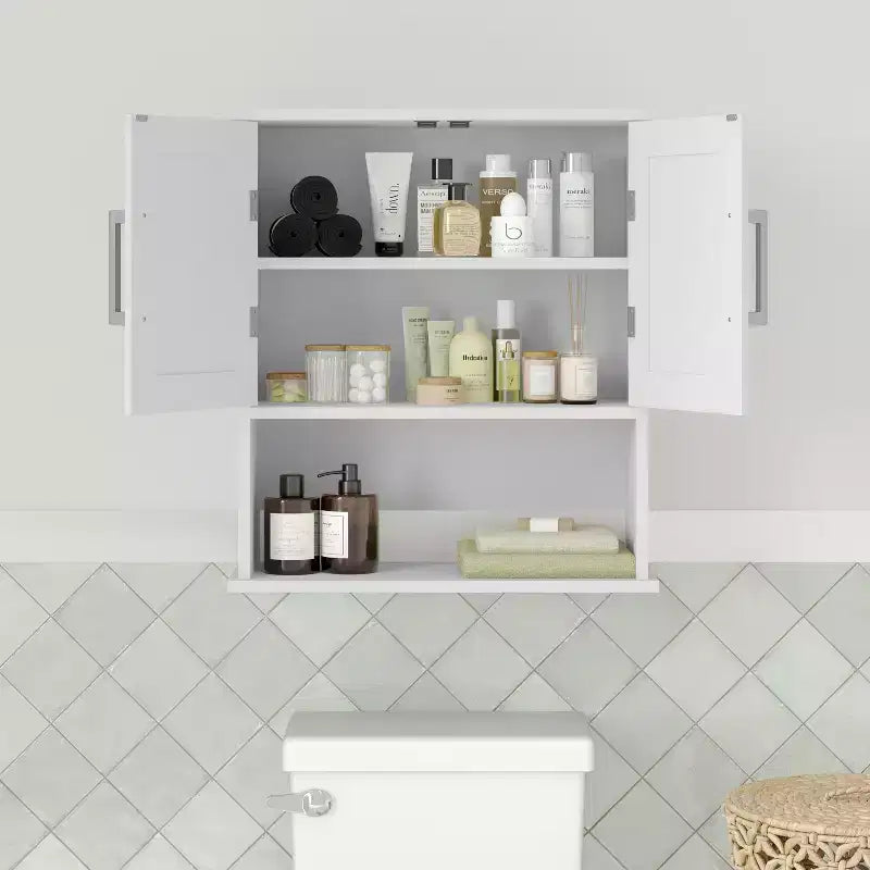 Armoire à pharmacie murale pour salle de bain avec étagère intérieure réglable, étagère inférieure ouverte et portes à fermeture magnétique