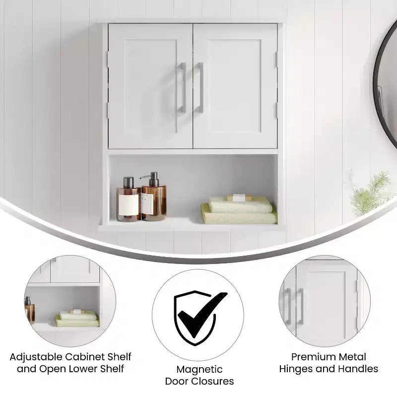 Armoire à pharmacie murale pour salle de bain avec étagère intérieure réglable, étagère inférieure ouverte et portes à fermeture magnétique