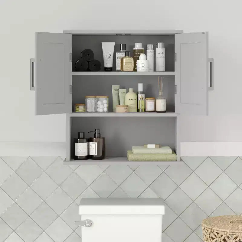 Armoire à pharmacie murale pour salle de bain avec étagère intérieure réglable, étagère inférieure ouverte et portes à fermeture magnétique